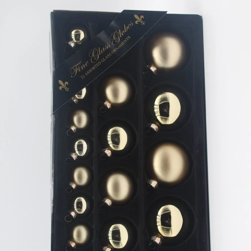 Vintage Target Box Of 21 Assorted Round Globe Gold Fine Glass Ornaments NOS